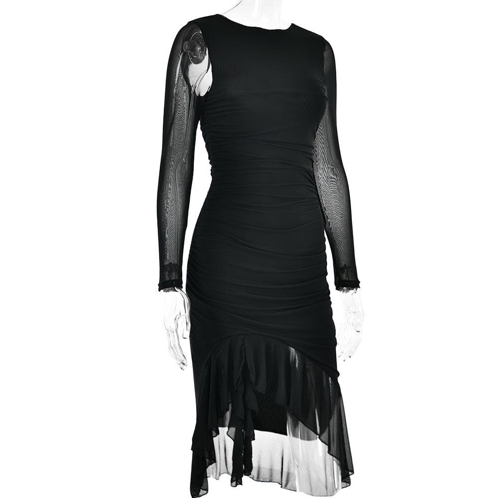 Mesh Ruched Long Sleeve Backless Ruffle Midi Dress