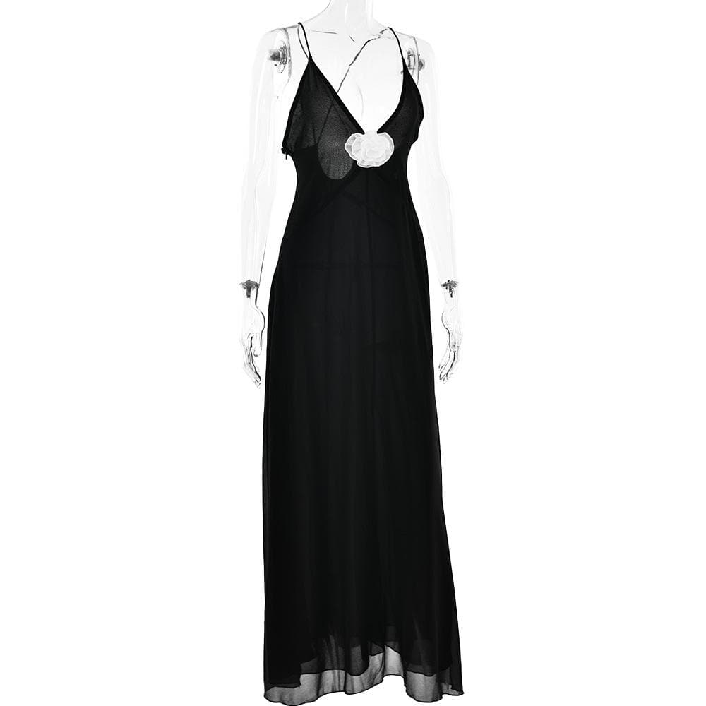 Flower applique v neck ruched zip-up cross back maxi dress - View 4
