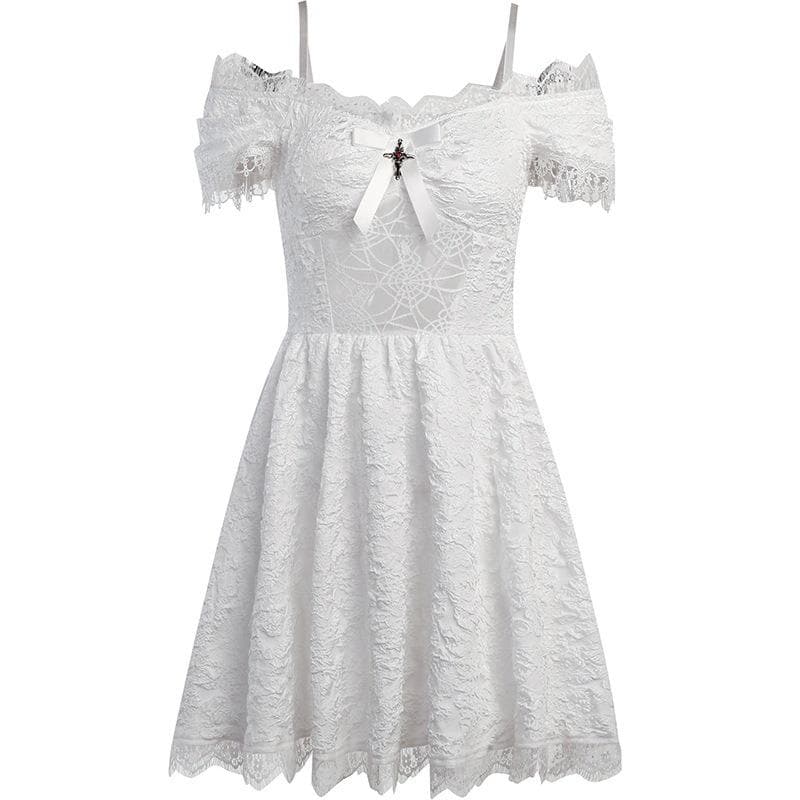 Floral Lace Off Shoulder Short Sleeve Bow Front Fit and Flare Mini Dress