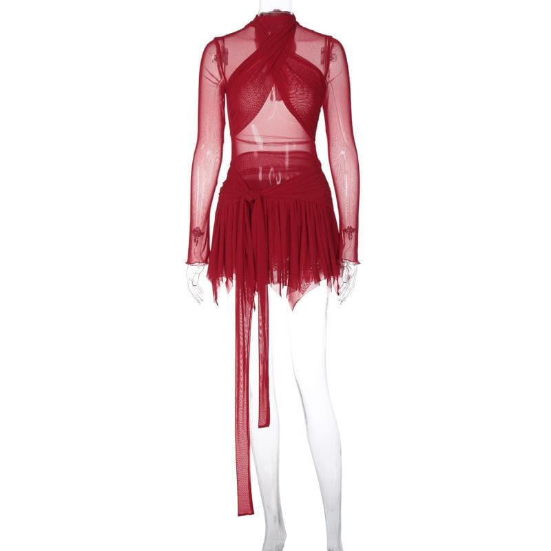 Mesh High Neck Long Sleeve Cross Front Ruffle Mini Dress