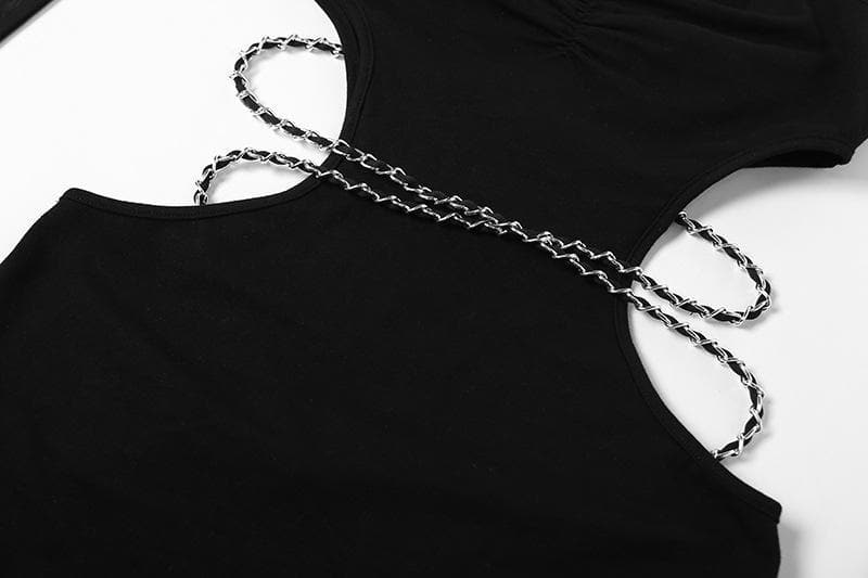 Hollow out side metal chain halter mesh gloves dress - View 4