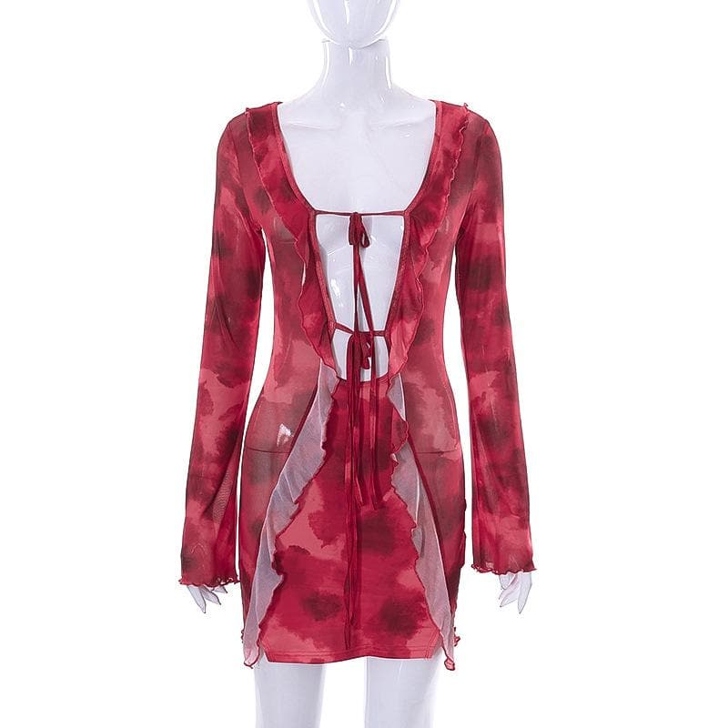Long sleeve contrast print self tie ruffle mini dress