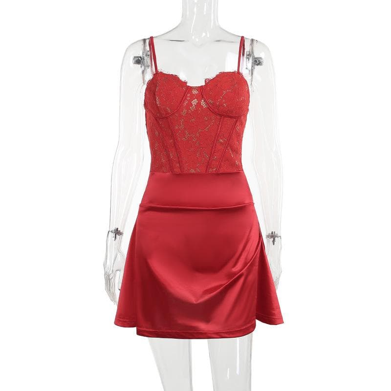 Lace Satin Sweetheart Corset Ruched Mini Dress