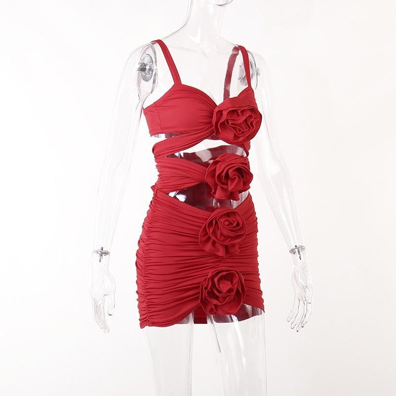Flower Applique Cut Out Ruched Mini Two Piece Set