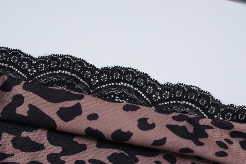 Leopard Print Cowl Neck Lace Trim Slit Bodycon Midi Dress