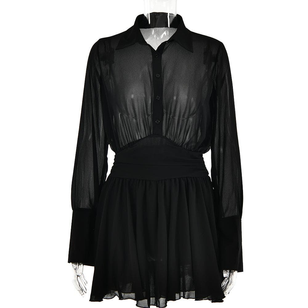 Turnover collar button long sleeve ruched zip-up chiffon mini dress - View 3