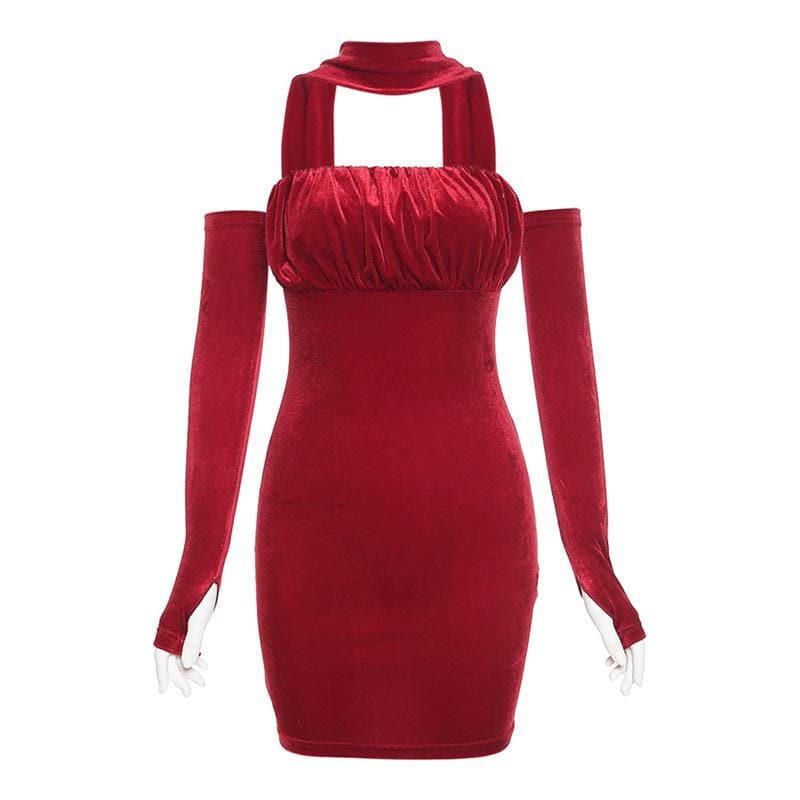 Velvet Halter Neck Glove Sleeve Ruched Bodycon Mini Dress