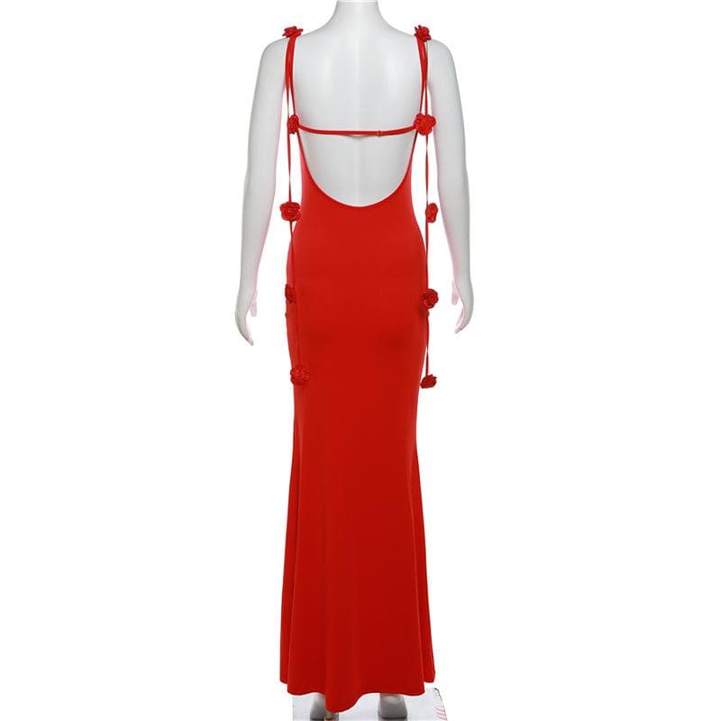 Flower applique backless solid v neck ribbon cami maxi dress 4