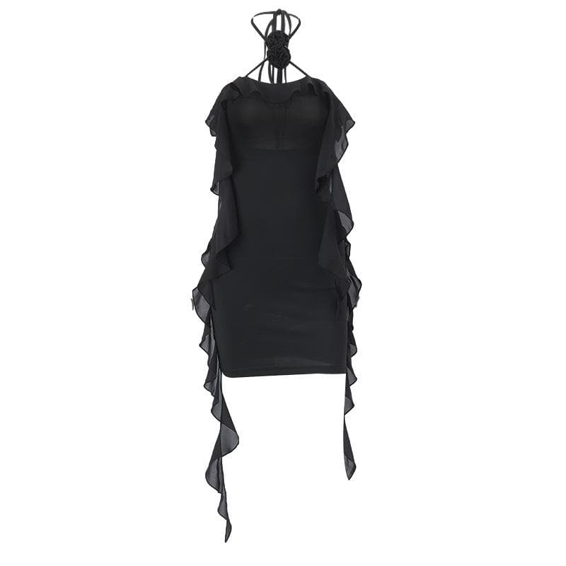 Halter Neck Flower Applique Ruffle Bodycon Mini Dress