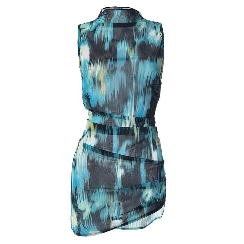 Chiffon tie dye high neck ruched contrast sleeveless zip-up mini dress - View 9