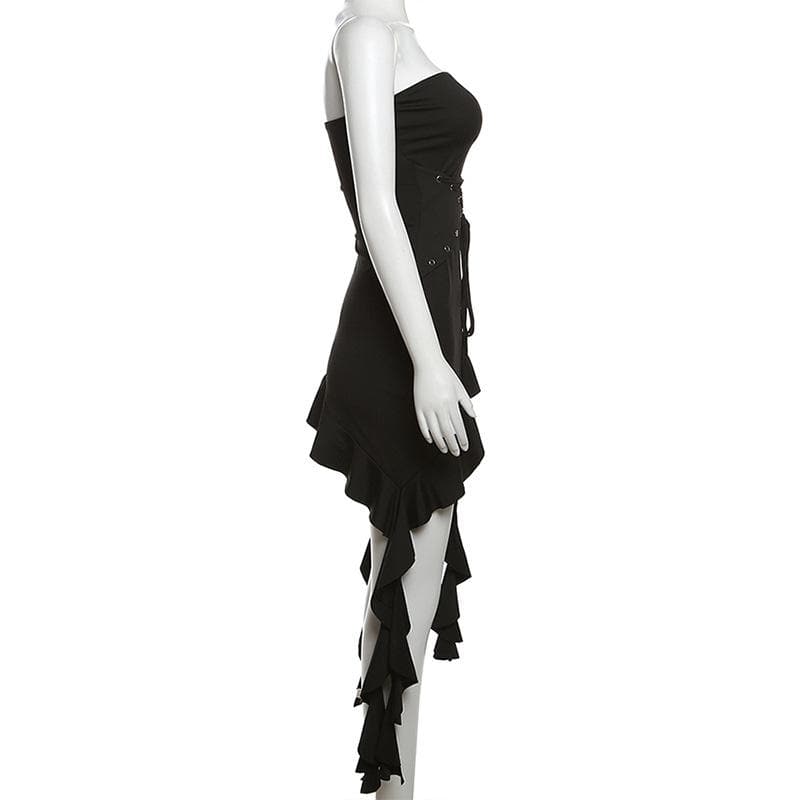 Lace up solid ruffle backless irregular tube mini dress