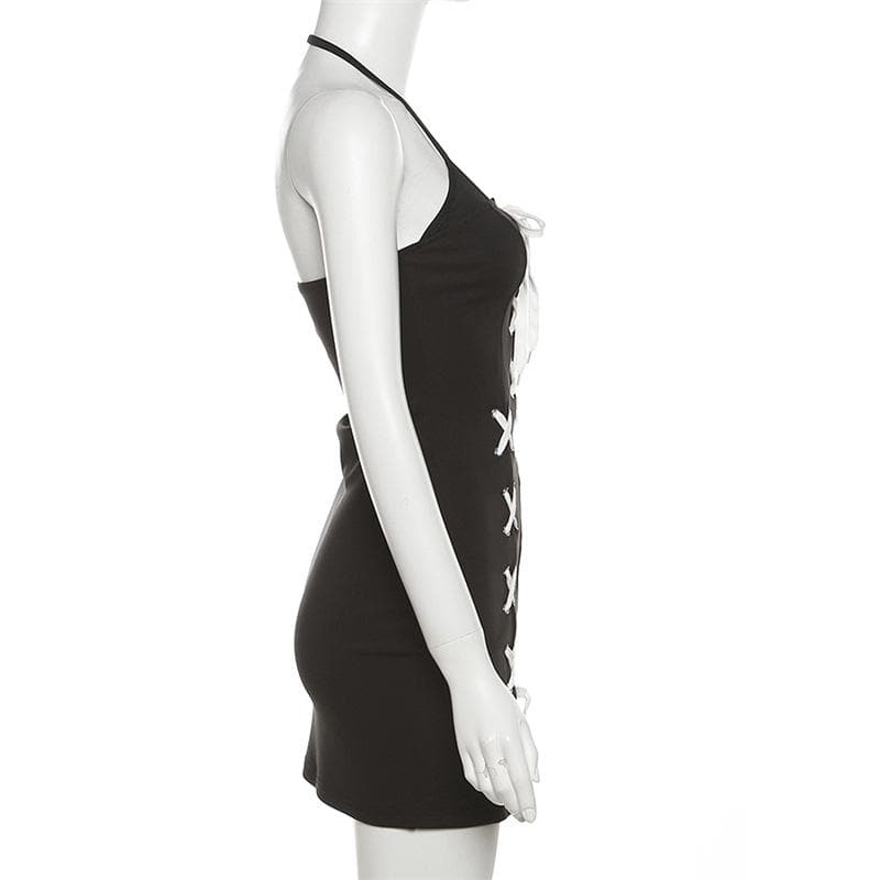 Halter Neck Lace Up Contrast Slit Bodycon Mini Dress
