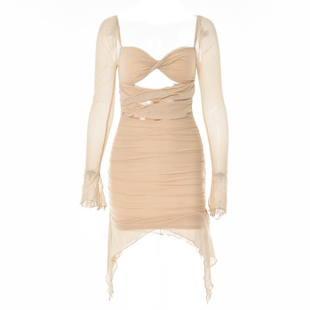 Long sleeve solid hollow out slit mesh ruched zip-up backless mini dress 3