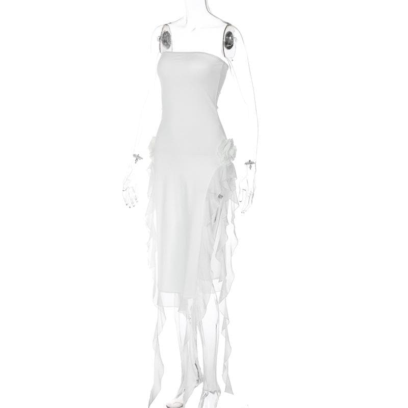 Flower Applique Strapless Backless High Split Maxi Dress - View 4