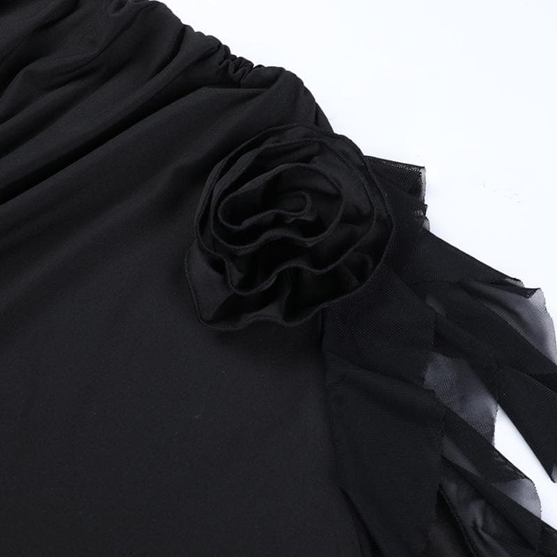 Strapless Cut Out Ruched Floral Applique High Low Midi Dress
