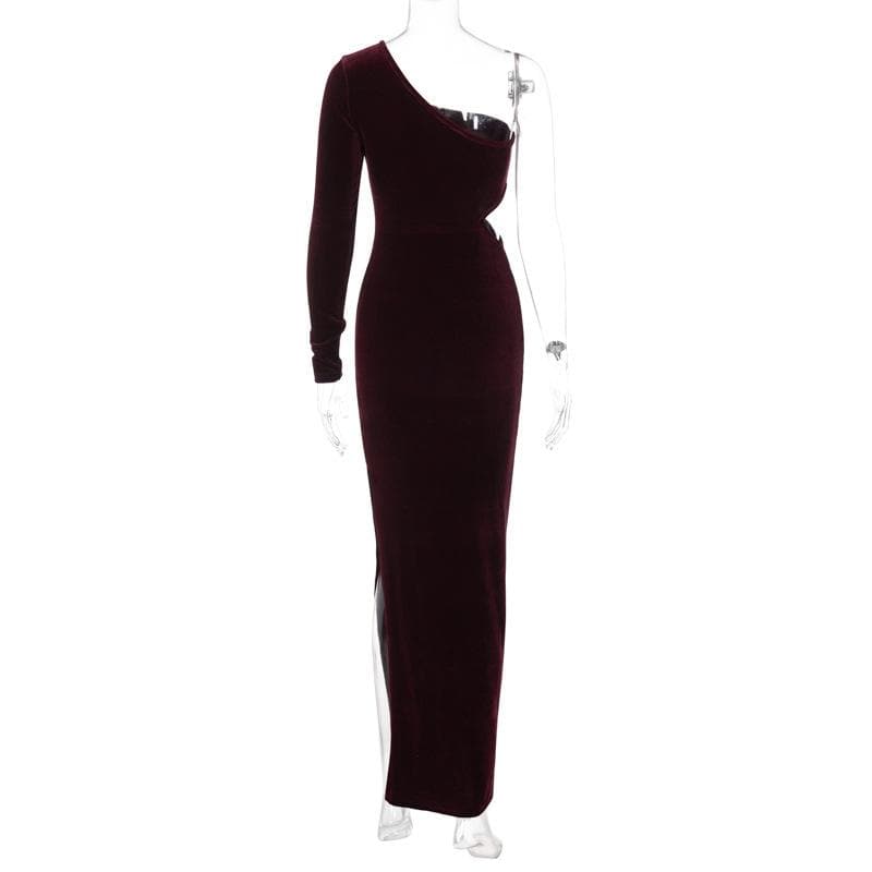 Velvet solid irregular one shoulder slit hollow out midi dress - View 3