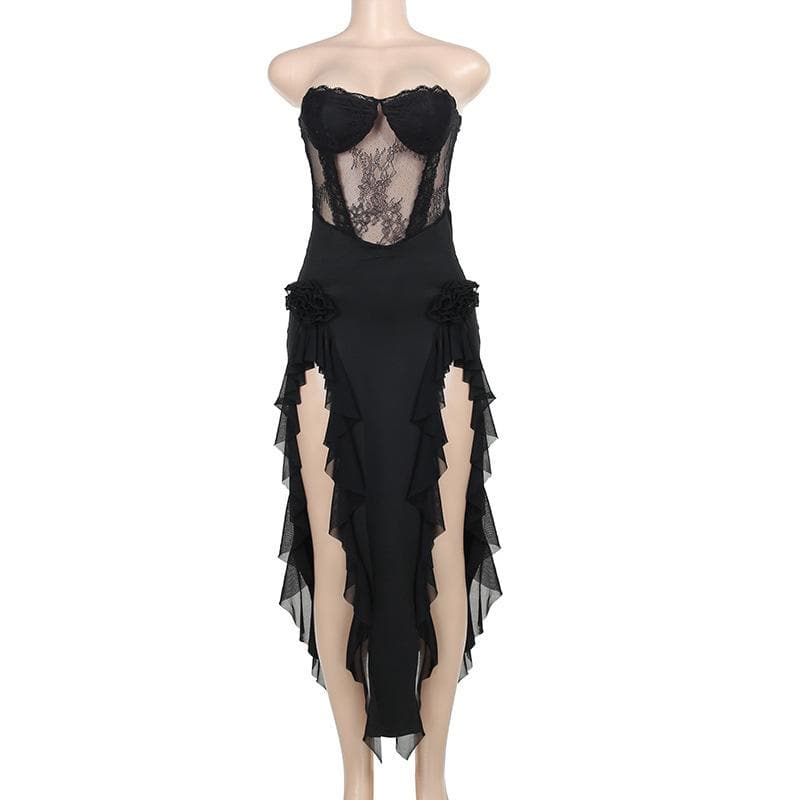Lace Strapless Flower Applique Ruffle Backless Midi Dress