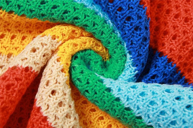 Crochet Rainbow Stripe Scoop Neck Sleeveless Bodycon Mini Dress