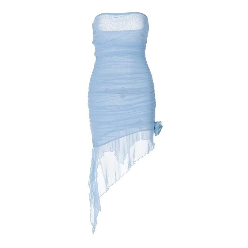 Mesh Strapless Ruched Floral Applique High Low Mini Dress