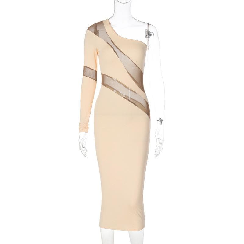 Long sleeve mesh backless one shoulder midi dress 4