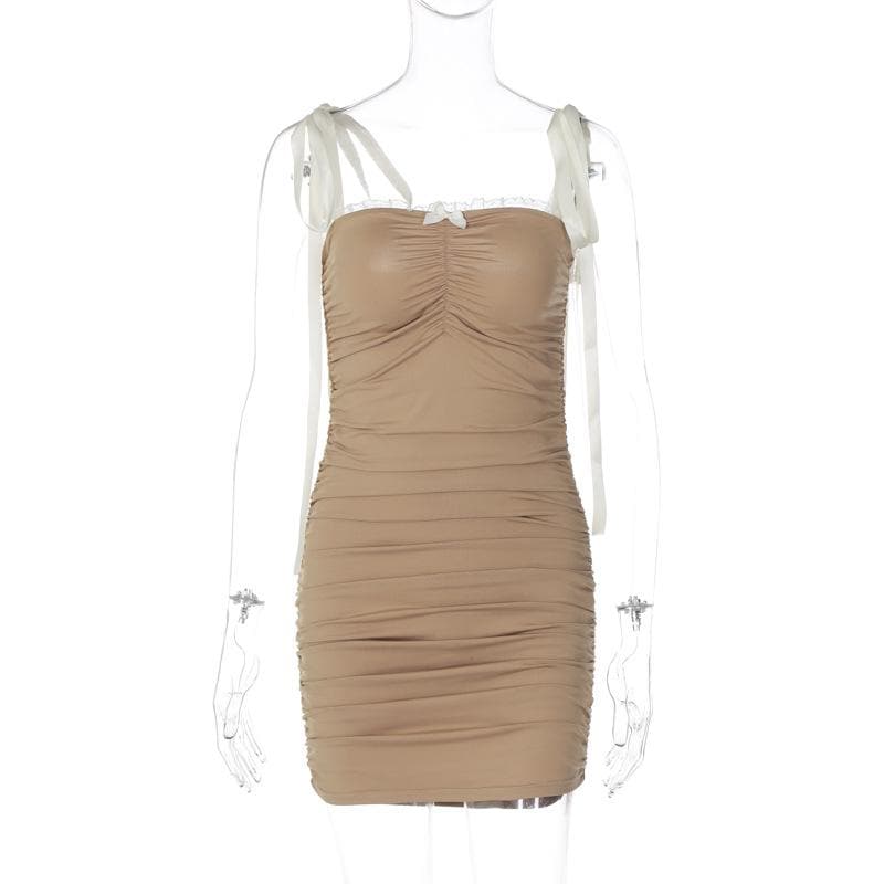 Ruched lace hem self tie square neck backless mini dress 4