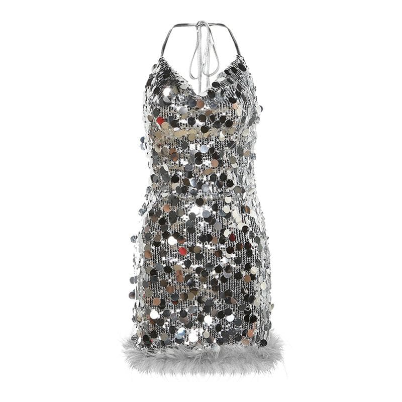 Sequin Halter Neck Fur Trim Bodycon Mini Dress