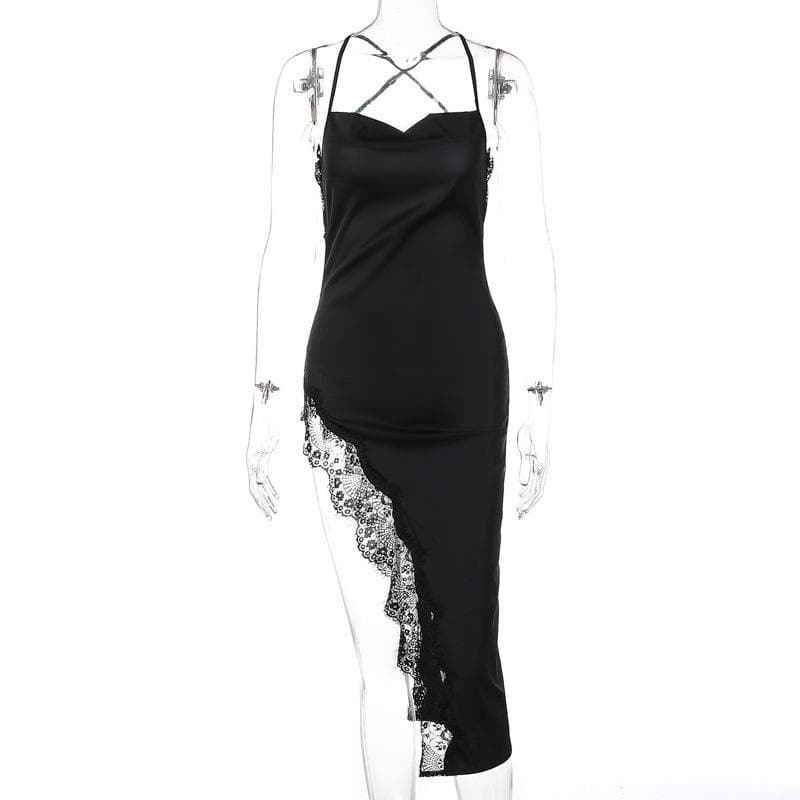 Spaghetti Strap Lace Trim Satin Slip High Split Midi Dress