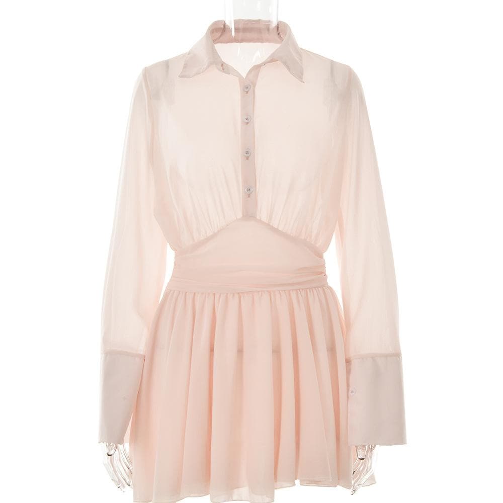 Turnover collar button long sleeve ruched zip-up chiffon mini dress - View 4