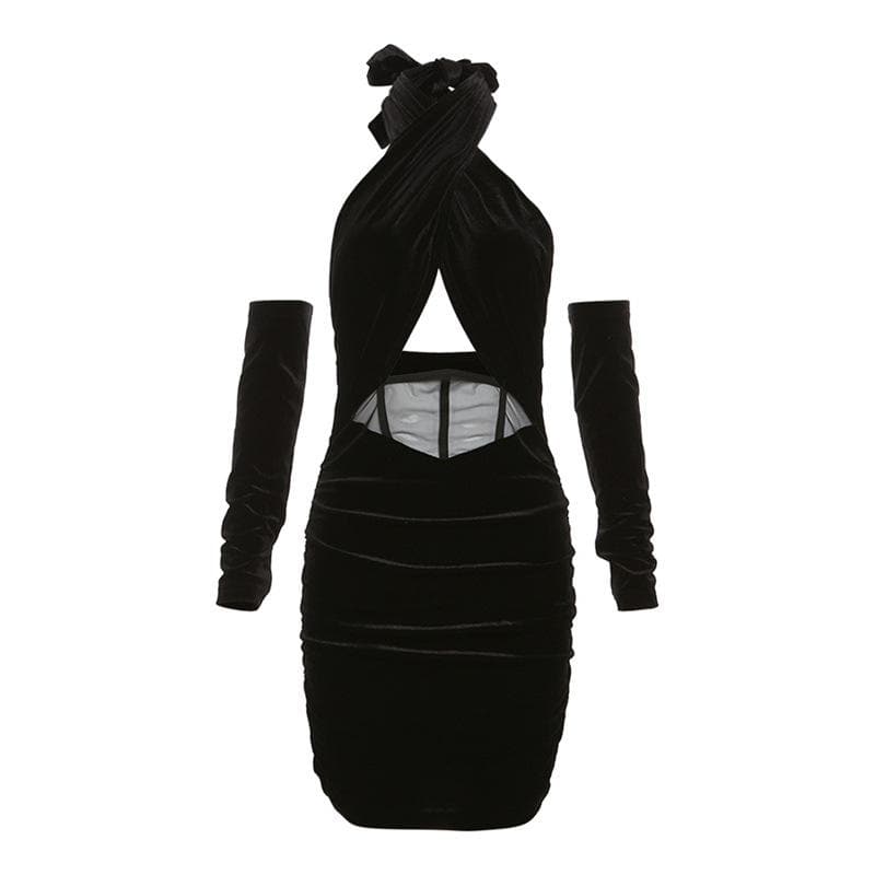 Velvet Halter Neck Glove Sleeve Cut Out Ruched Bodycon Mini Dress
