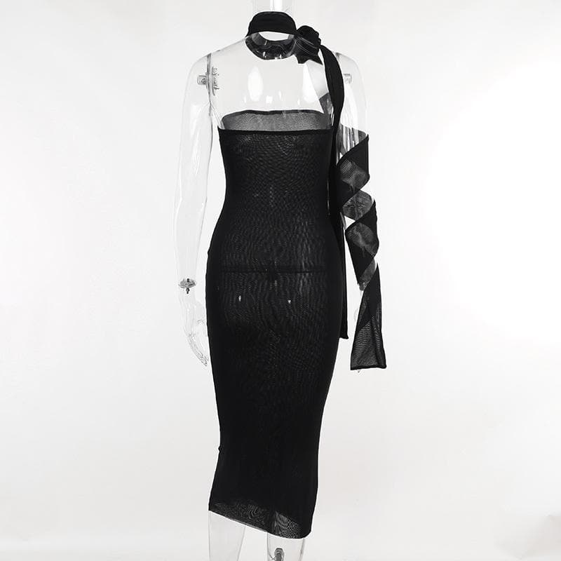 One Shoulder Rosette Tie Bodycon Maxi Dress