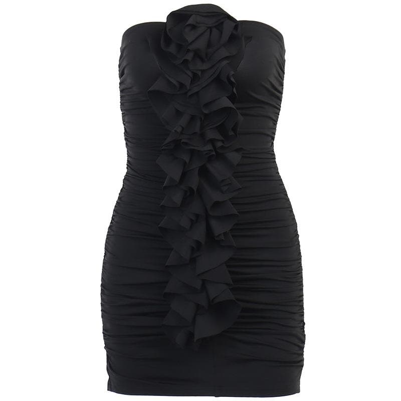 Strapless Ruched Floral Applique Ruffle Bodycon Mini Dress