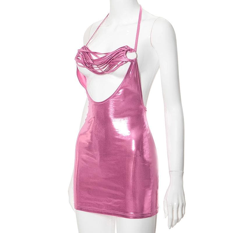 Metallic Halter Neck Backless O Ring Strappy Bodycon Mini Dress