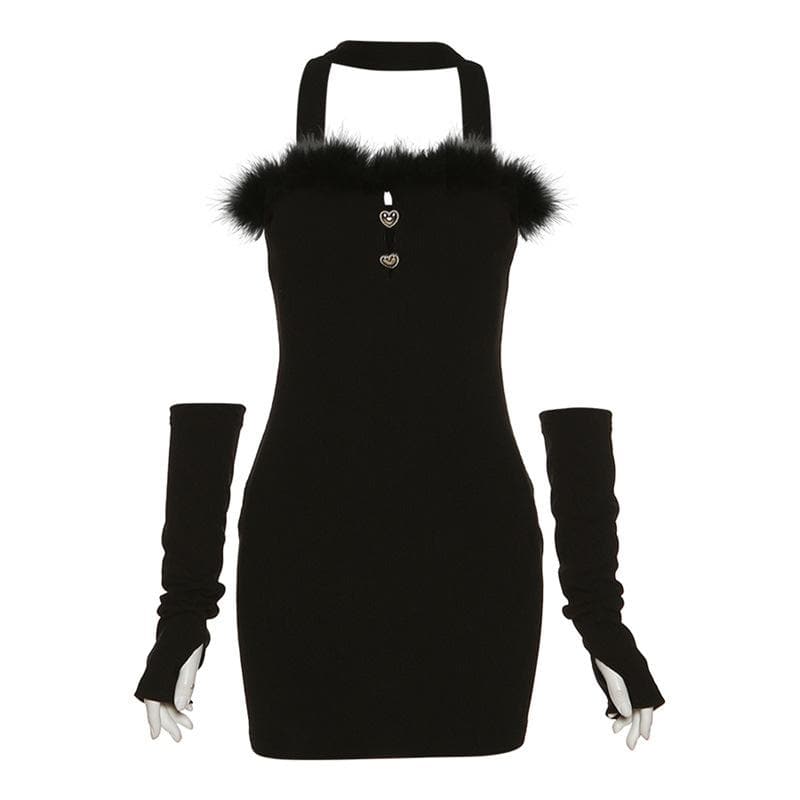 Knit Off Shoulder Feather Trim Long Sleeve Bodycon Mini Dress