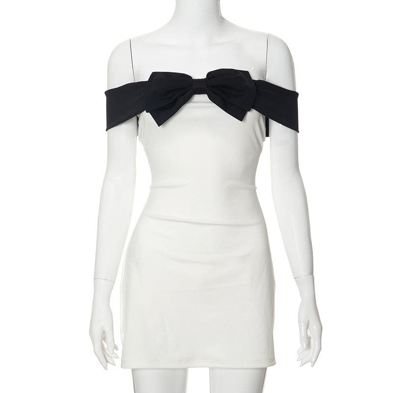 Bowknot applique contrast off shoulder backless mini dress 8