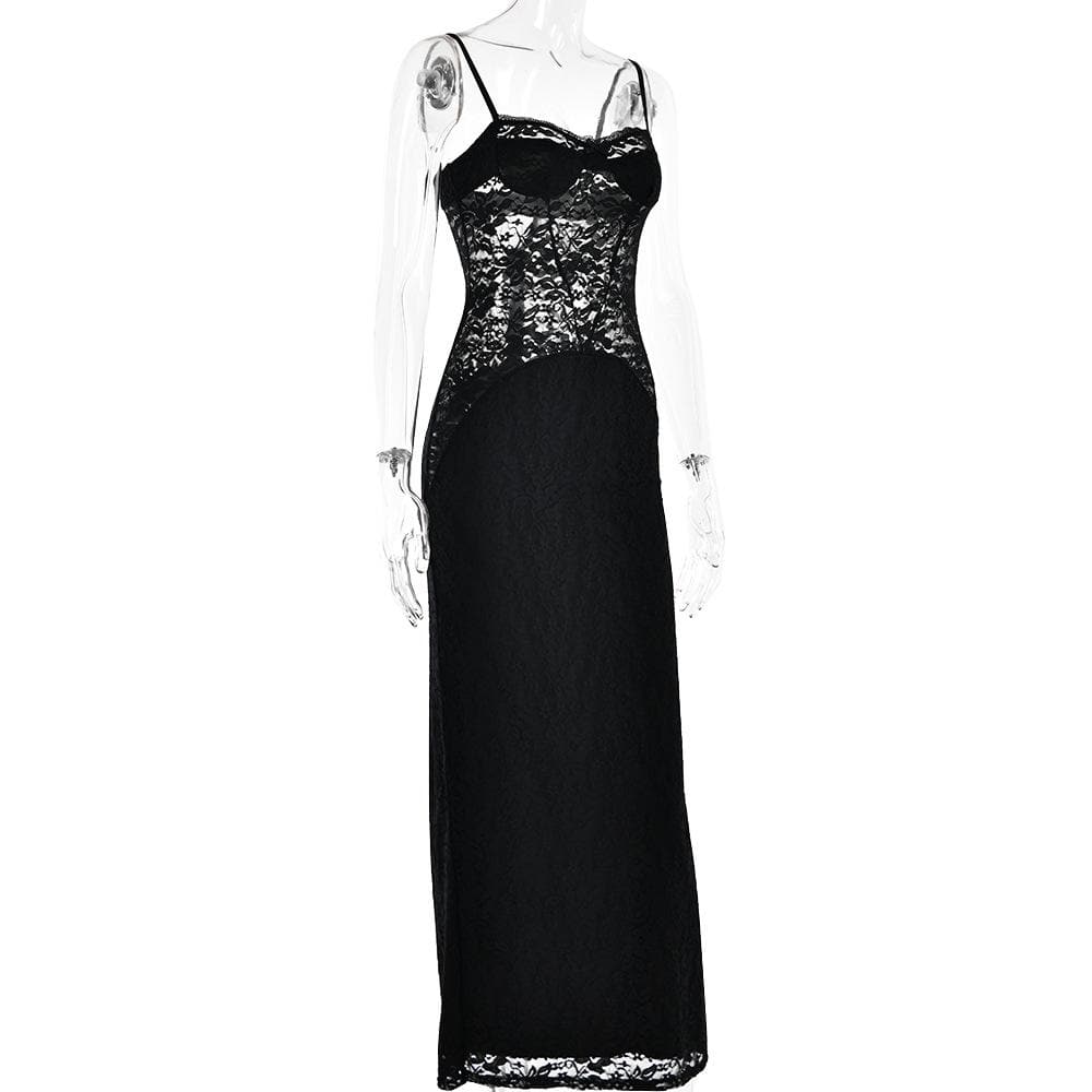 Button slit zip-up solid lace low cut maxi dress - View 3