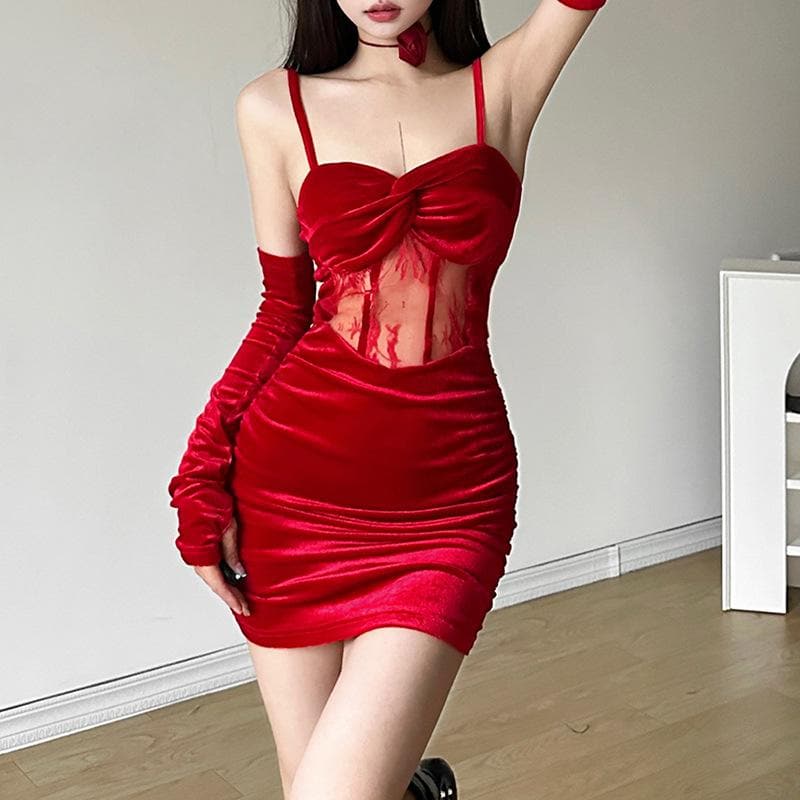 Velvet Twist Bust Lace Mesh Waist Ruched Cami Mini Dress with Gloves 12
