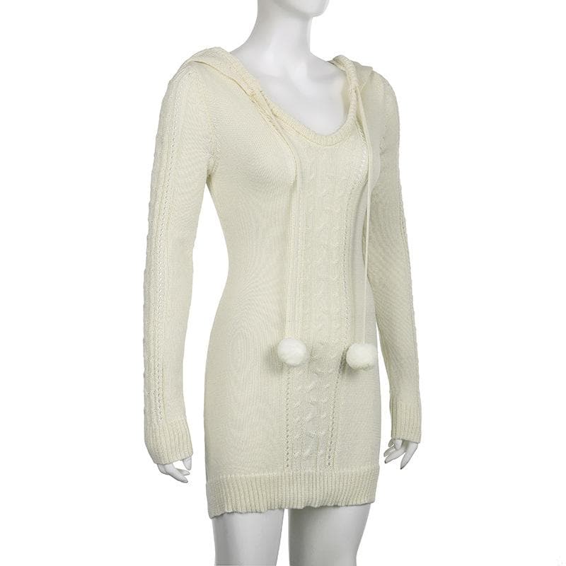 Crochet solid long sleeve hoodie v neck hairball mini dress - Final Sale