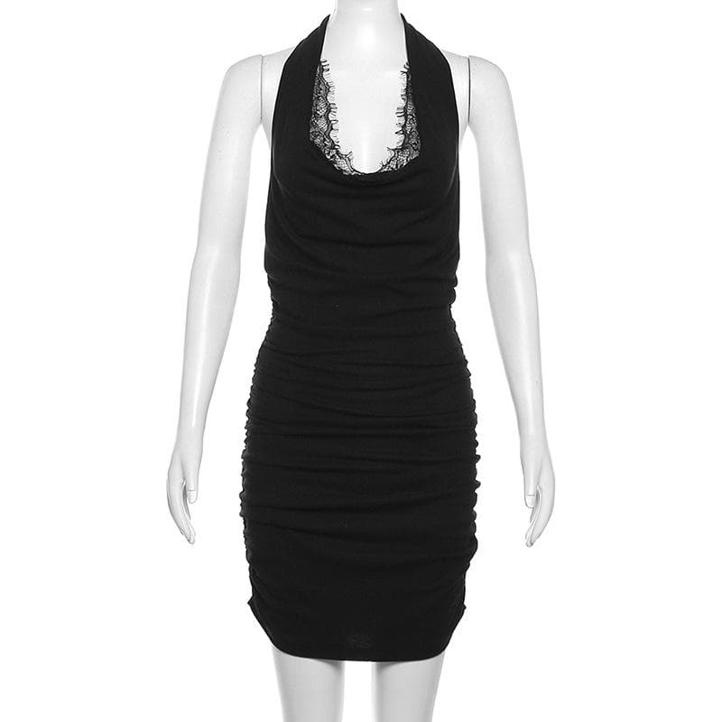 Lace Trim Cowl Neck Ruched Bodycon Mini Dress