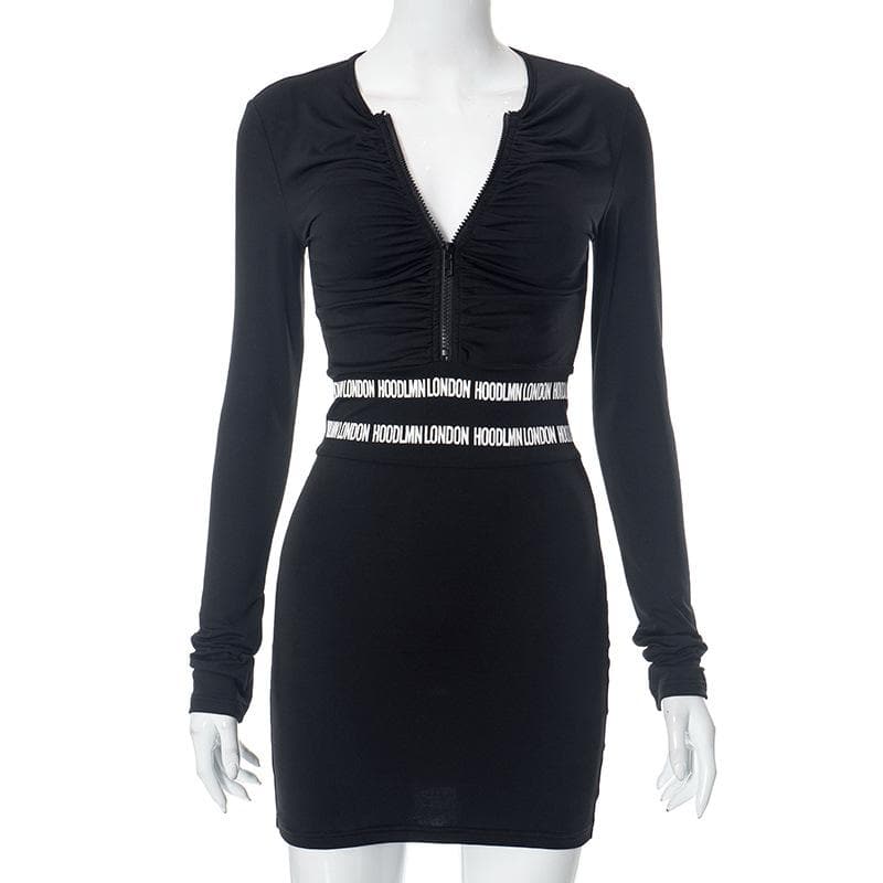 Ruched zip-up long sleeve contrast mini dress