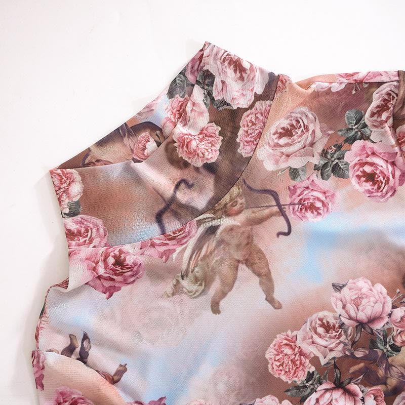 Floral Mesh High Neck Long Sleeve Sheer Bodycon Mini Dress