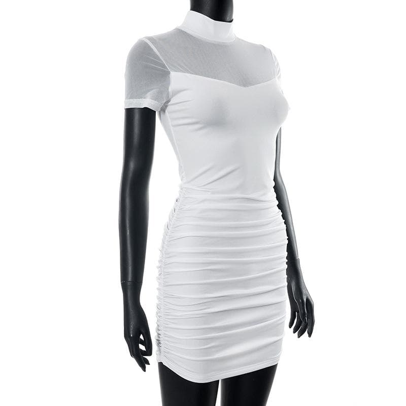 High neck short sleeve mesh patchwork ruched solid mini dress 5