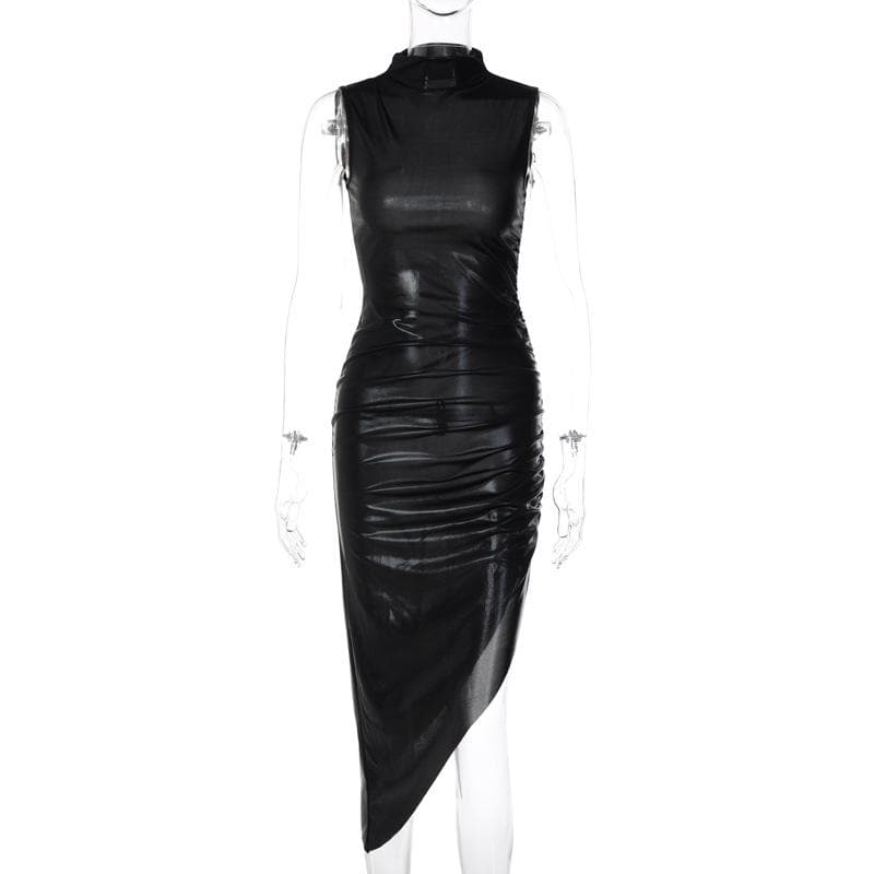Metallic irregular high neck sleeveless ruched midi dress - View 5