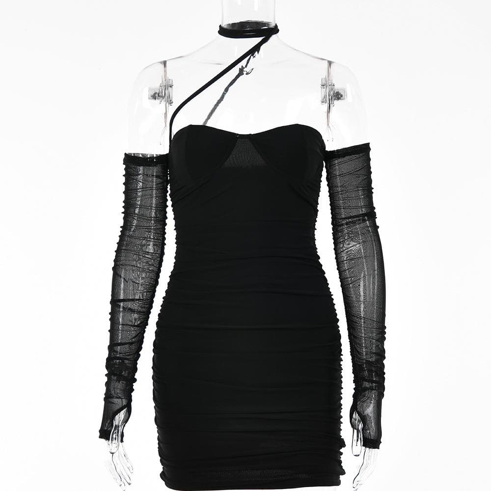 Solid ruched halter mesh long sleeve off shoulder mini dress