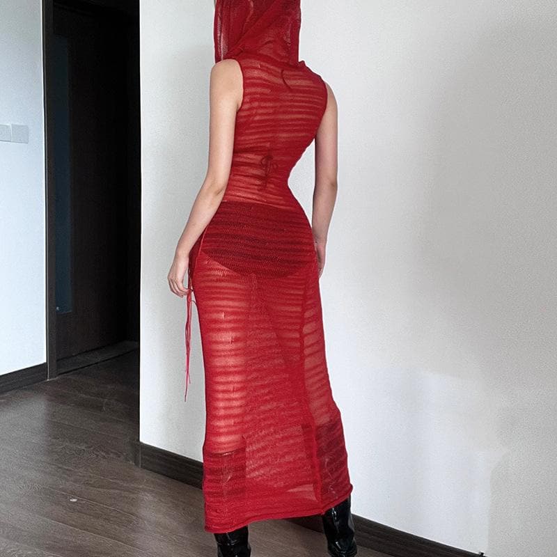 Hooded Sheer Ribbed Knit Sleeveless Bodycon Maxi Dress