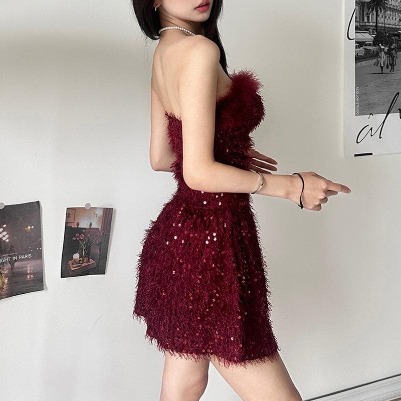 Textured glitter backless feather tube mini dress 10