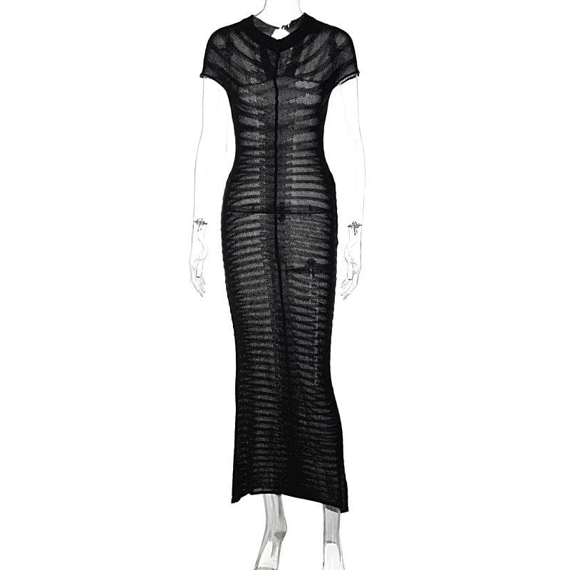 Short Sleeve Open Knit Pointelle Striped Bodycon Maxi Dress