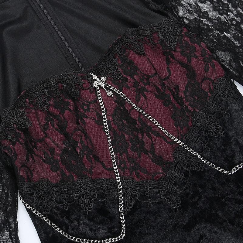 Lace contrast long flared sleeve metal chain zip-up velvet midi dress - View 4