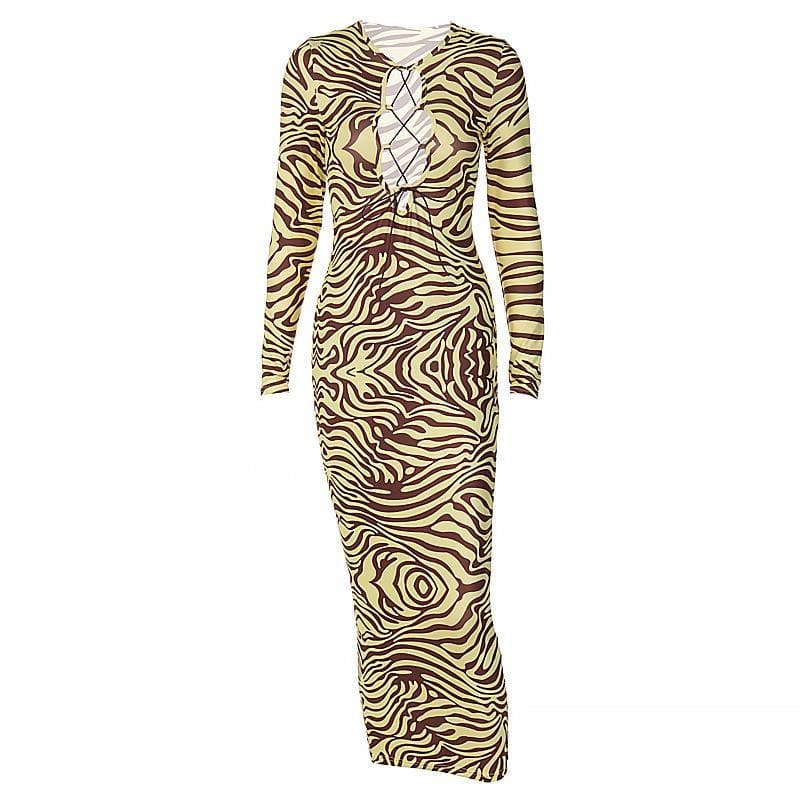 Zebra Print Lace Up Cut Out Front Long Sleeve Bodycon Maxi Dress