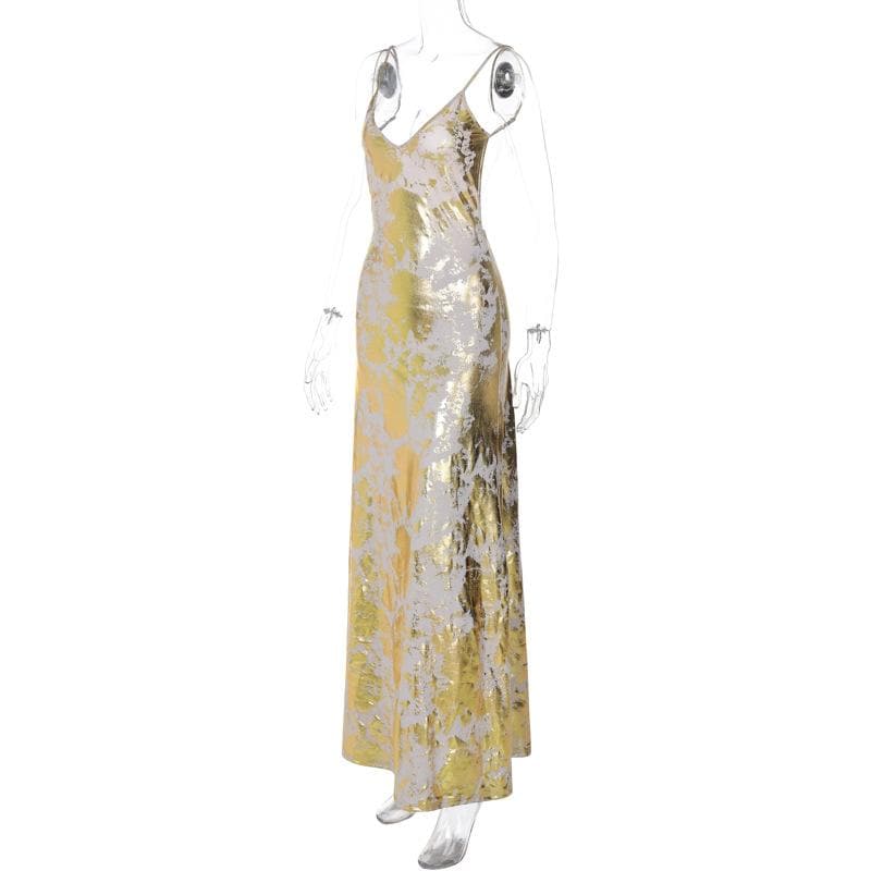 Metallic Foil Print V-Neck Spaghetti Strap Cami Maxi Dress 2