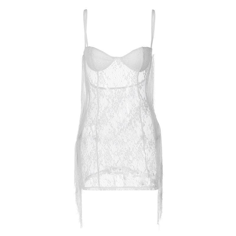 Sheer Floral Lace Underwire Cup Cami Side Fringe Mini Dress